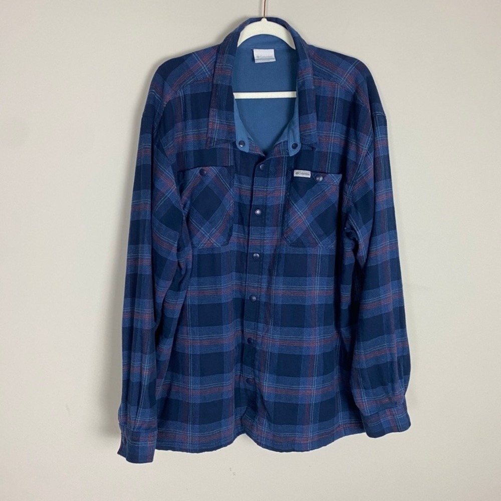 Columbia Fleece Lined Flannel Shirt Jacket Mens XXL Blue Plaid Pockets Shacket